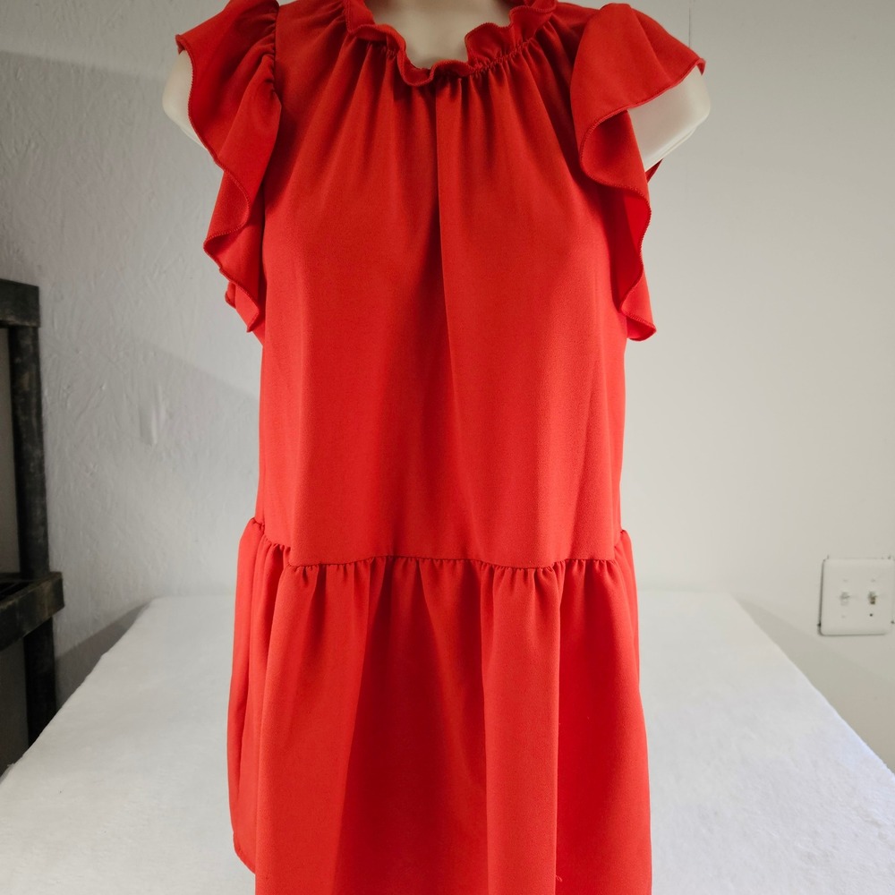 Entro Red Ruffle Neck Flutter Sleeve Tiered Babydoll‎ Mini Dress Womens Small - Picture 4 of 8